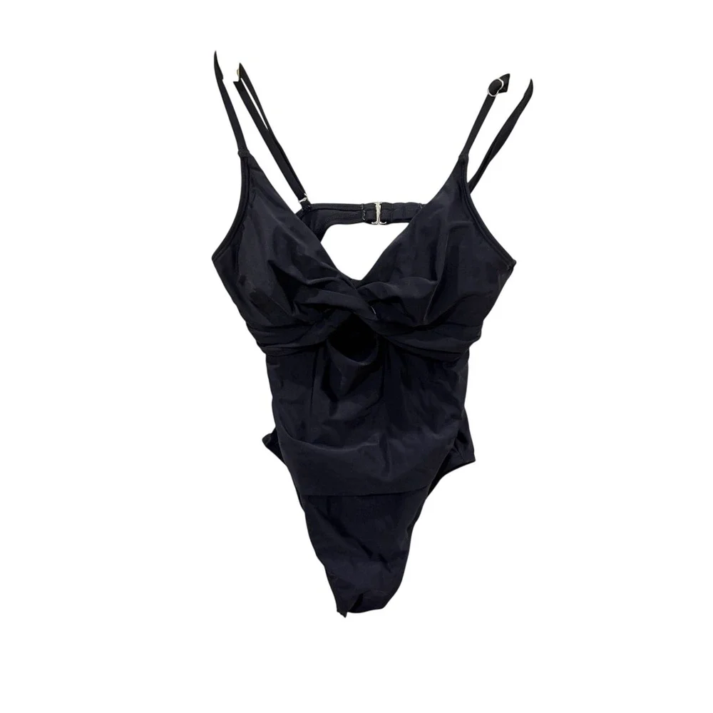 Womens Black Twist Front Keyhole One Piece Swimsuit‎ Adjustable Straps Ruched
